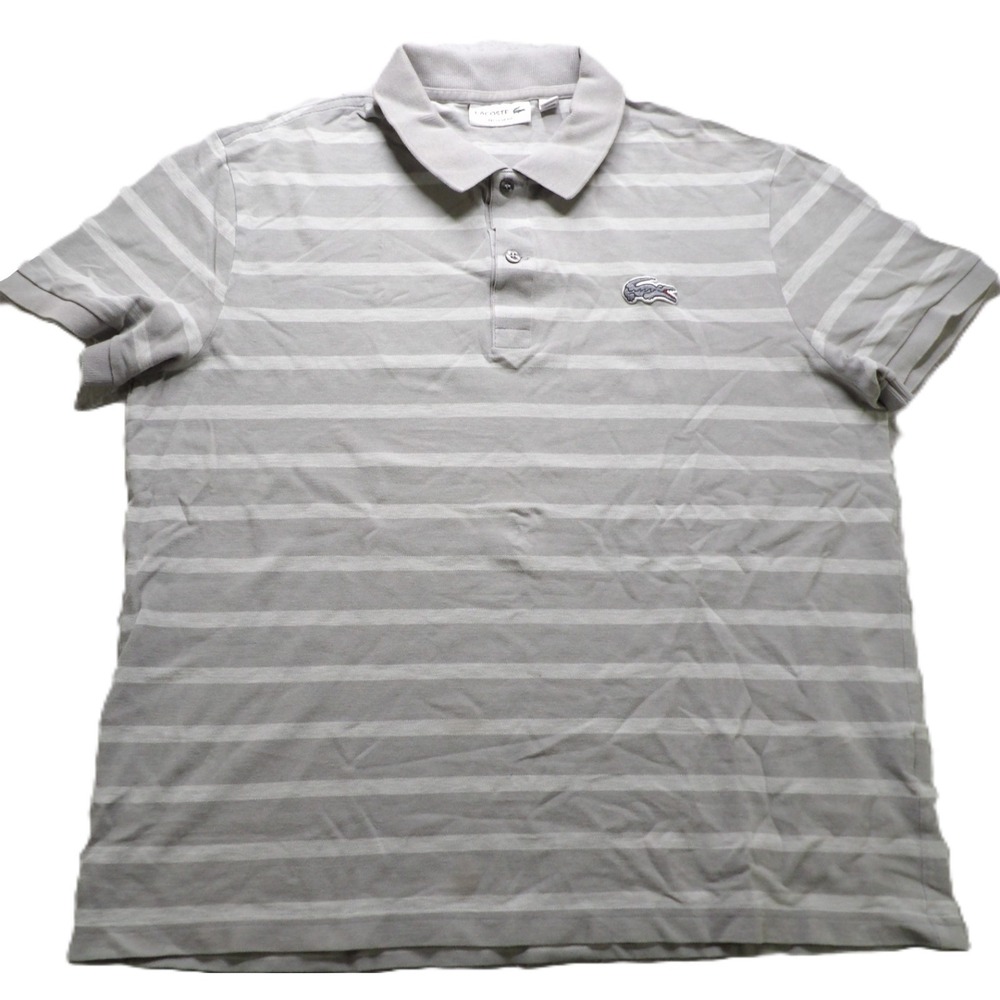 Lacoste Men XL Gray White Striped Cotton Pique Polo Regular Fit Crocodile Logo